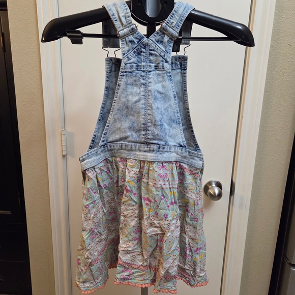 Jordache Girls Denim Overall Dress Floral Skirt Pom Pom Trim Blue Pink L 10-12 - Picture 2 of 5